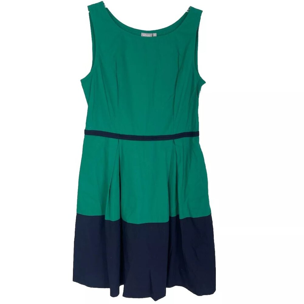 eShakti Green Navy Colorblock Sleeveless A-Line Dress with Pockets